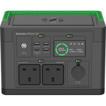 Schneider OffGrid Portable Power Station 500, 230V, 517Wh Lithium-ion, LCD, 2 BS1363 UK outlets, Sinewave, 3 USB-A, 2 USB-C, Wireless Charger (PPS500-UK)